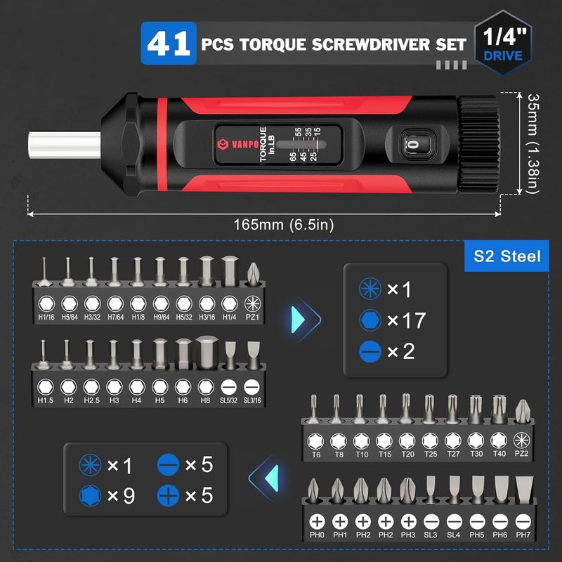 VANPO Torque Screwdriver, 15-65In-lb Torque Screw Driver Wrench Driver Set, 1/4'' Drive Inch Pounds Torque Wrench Screwdriver with 40 S2 Bits for Maintenance, Tools, DIY, Bike Repairing and Mounting - Image 2